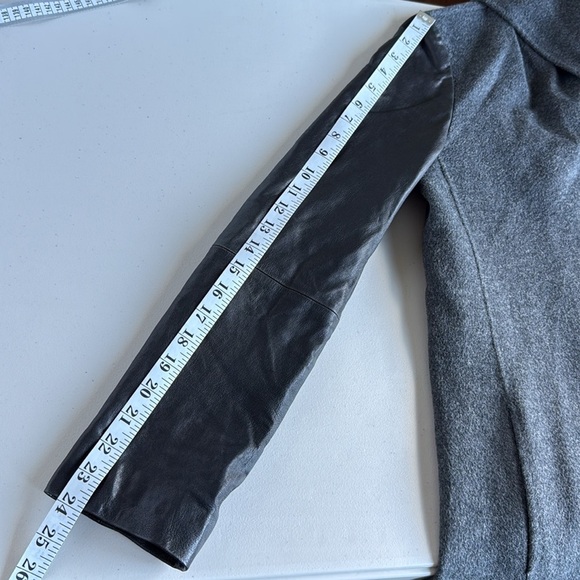 Vince Gray and Black Wool and Leather Asymmetrical Zip Coat Shawl Collar - Picture 14 of 16